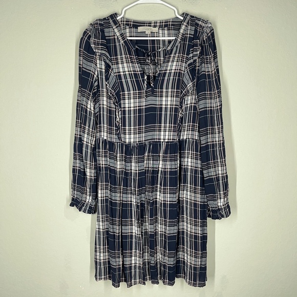 Loft Plaid Swing Dress Women's M Long Sleeve Rayon Ruffle V Neck Casual - Picture 1 of 13